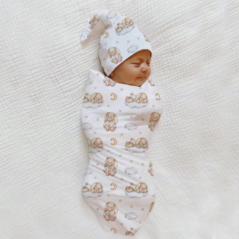 Bear Print Newborn Wrap Blankets Matching With Hats